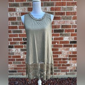 NWT Emma G Long Lace Trim Sleeveless Tunic - Khaki Color